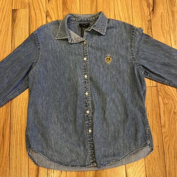 90s Ralph Lauren Blue Denim Button Down Shirt Crown Logo Pocket Womens Large - Picture 1 of 14